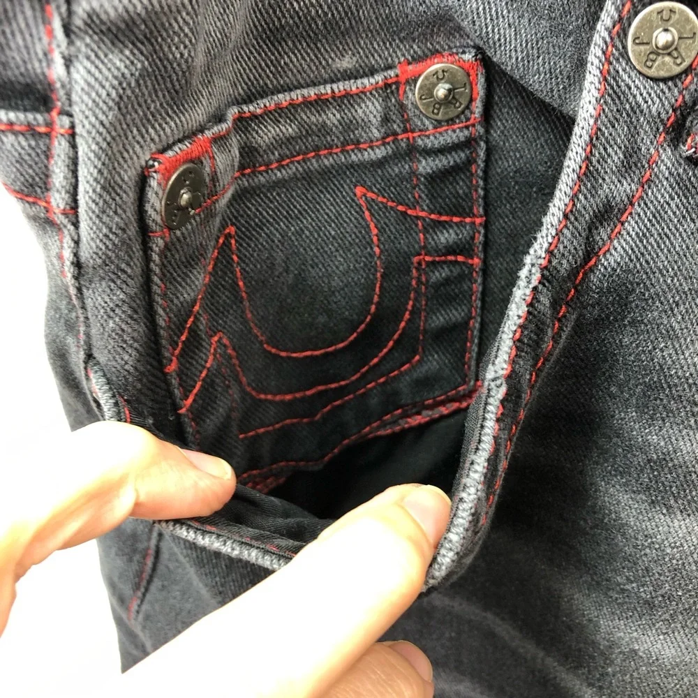 True Religion Men’s Ricky Relaxed Jean Sz 34X33 Washed Black Red Stitch Ripped